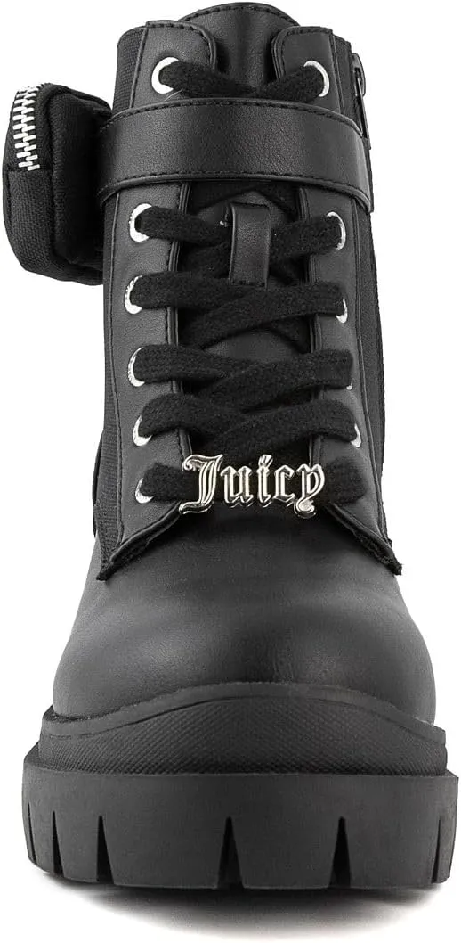 JUICY COUTURE Women's Lace Up Lug Sole Hiker Booties with Faux Fur Cuff, Winter Fashion Ankle Boots, Outdoor Hiking Shoes