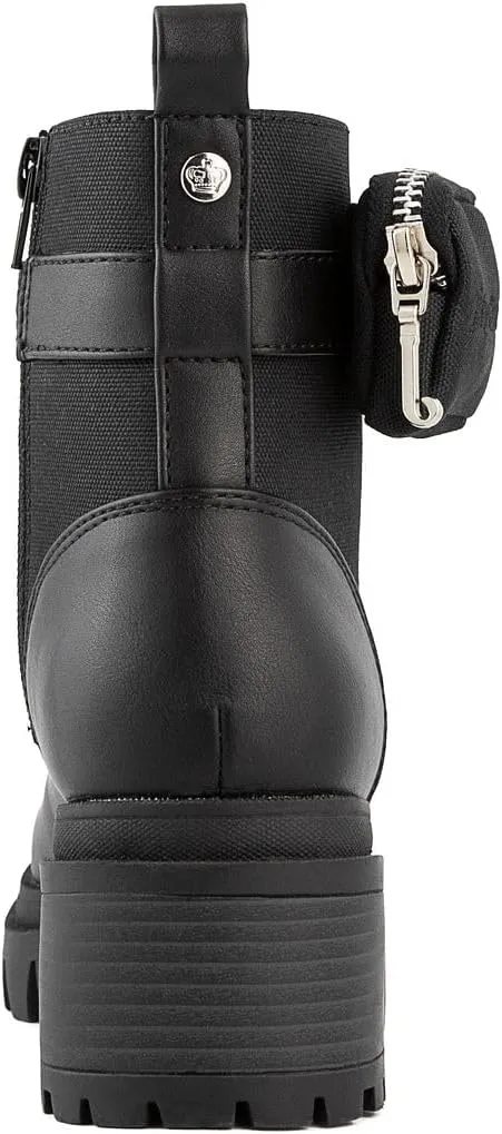 JUICY COUTURE Women's Lace Up Lug Sole Hiker Booties with Faux Fur Cuff, Winter Fashion Ankle Boots, Outdoor Hiking Shoes