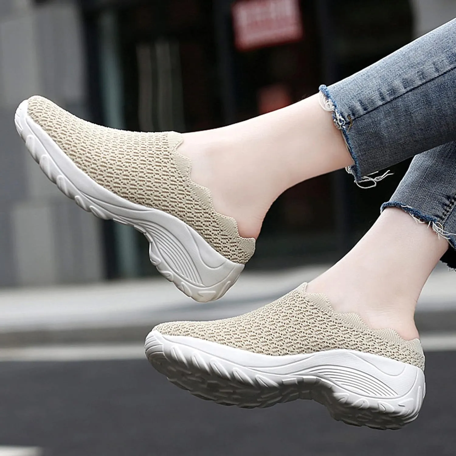 Keilinia Women's Orthopedic Stretch Cushion Mules,Lightweight Comfy Breathe Mesh Antiskid Wedge Walking Clogs Shoes Sneakers
