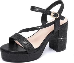kkdom Platform Heels for Women Strappy Block Chunky High Heels Open Toe Fashion Party Evening Prom Wedding Ankle Buckle Dress Pump Sandals Shoes
