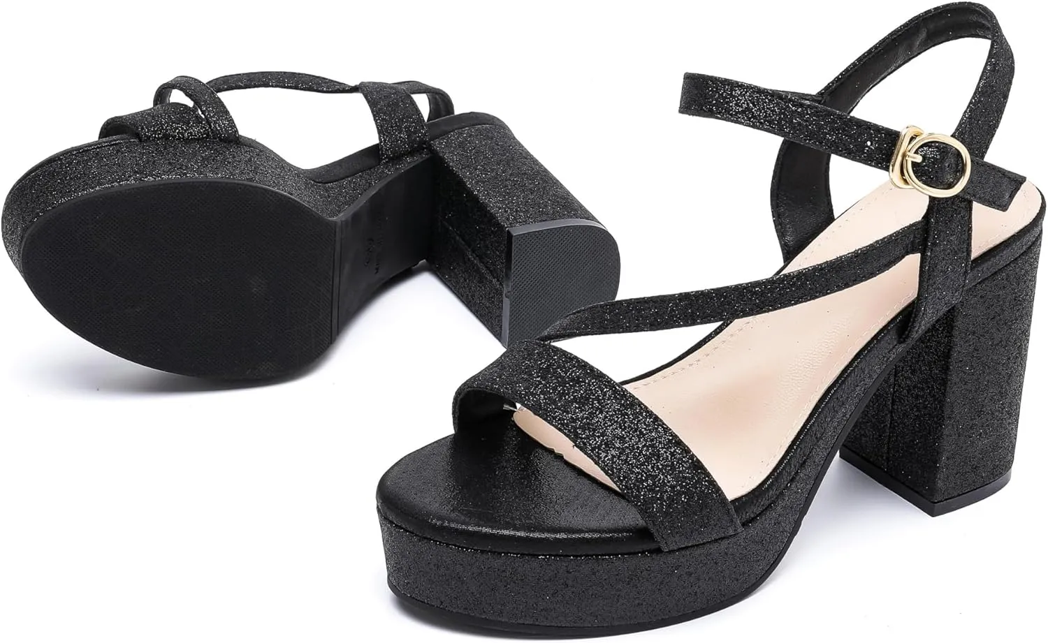 kkdom Platform Heels for Women Strappy Block Chunky High Heels Open Toe Fashion Party Evening Prom Wedding Ankle Buckle Dress Pump Sandals Shoes