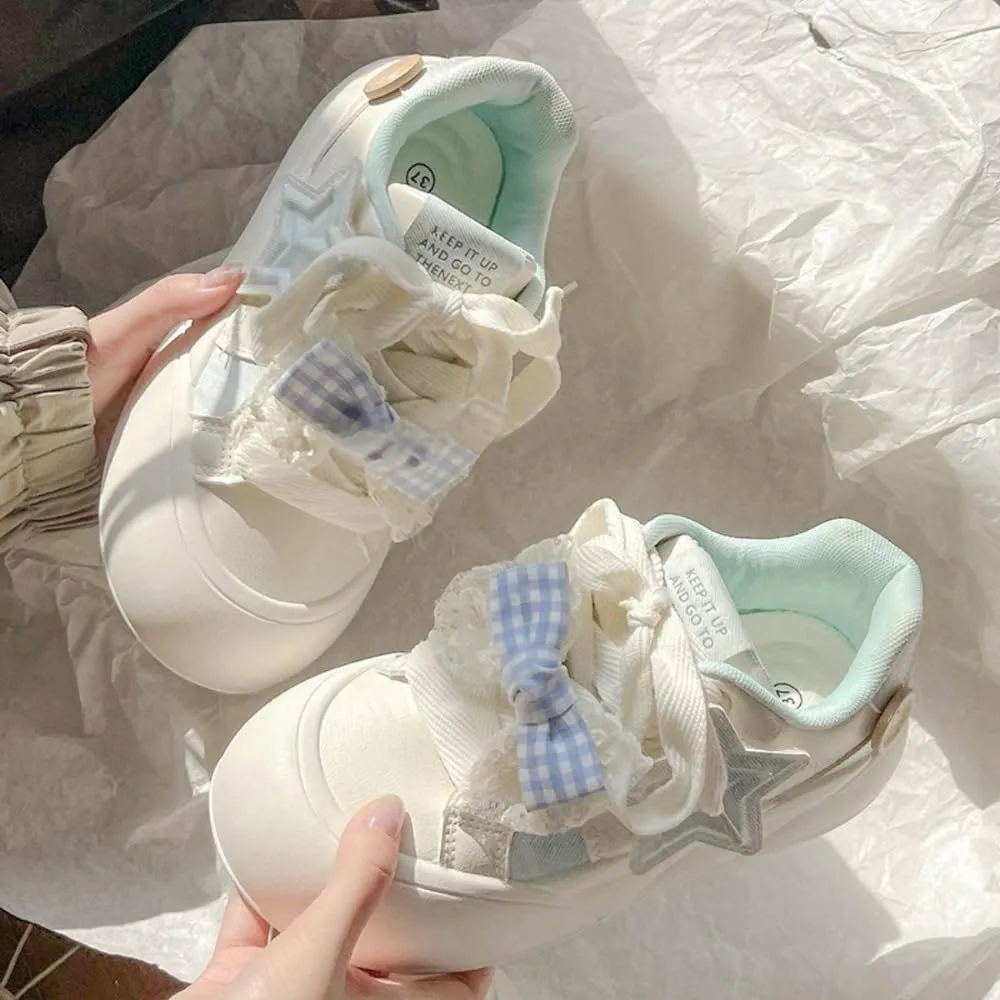 Korean Chunky Sneakers in Pink & Blue, Kawaii Anime Bow Style, Cloud Sole with Hidden Heel Lift, Comfortable Casual Shoes for Women Outfit, Gift for Daughter