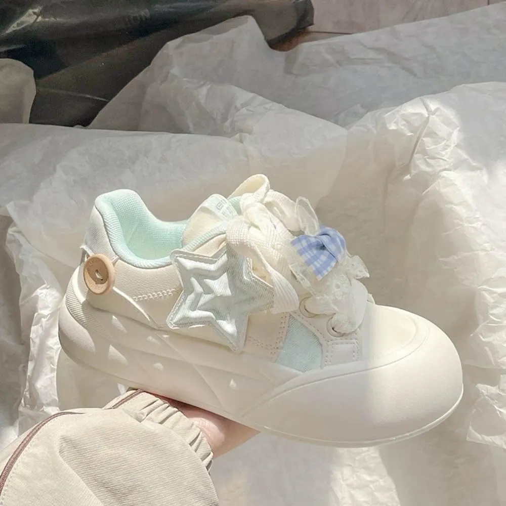 Korean Chunky Sneakers in Pink & Blue, Kawaii Anime Bow Style, Cloud Sole with Hidden Heel Lift, Comfortable Casual Shoes for Women Outfit, Gift for Daughter