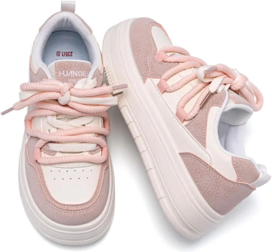 Korean Creamy Chunky Sneakers, Kawaii Anime White & Pink, Cute Cloud Sole with Hidden Heel Lift, Casual Trendy Shoes for Women Outfit, Gift for Daughter