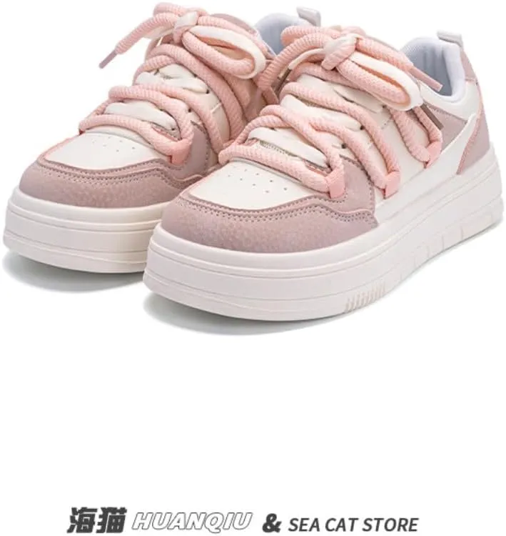 Korean Creamy Chunky Sneakers, Kawaii Anime White & Pink, Cute Cloud Sole with Hidden Heel Lift, Casual Trendy Shoes for Women Outfit, Gift for Daughter