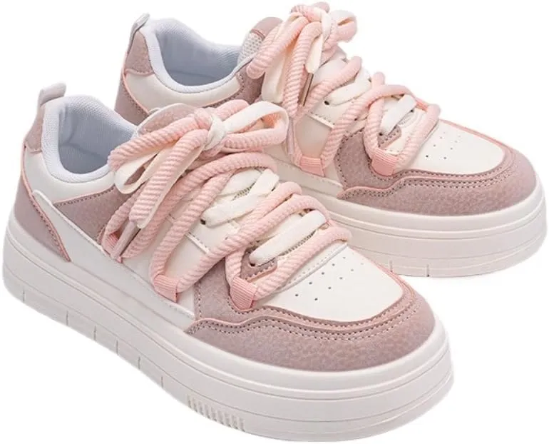 Korean Creamy Chunky Sneakers, Kawaii Anime White & Pink, Cute Cloud Sole with Hidden Heel Lift, Casual Trendy Shoes for Women Outfit, Gift for Daughter