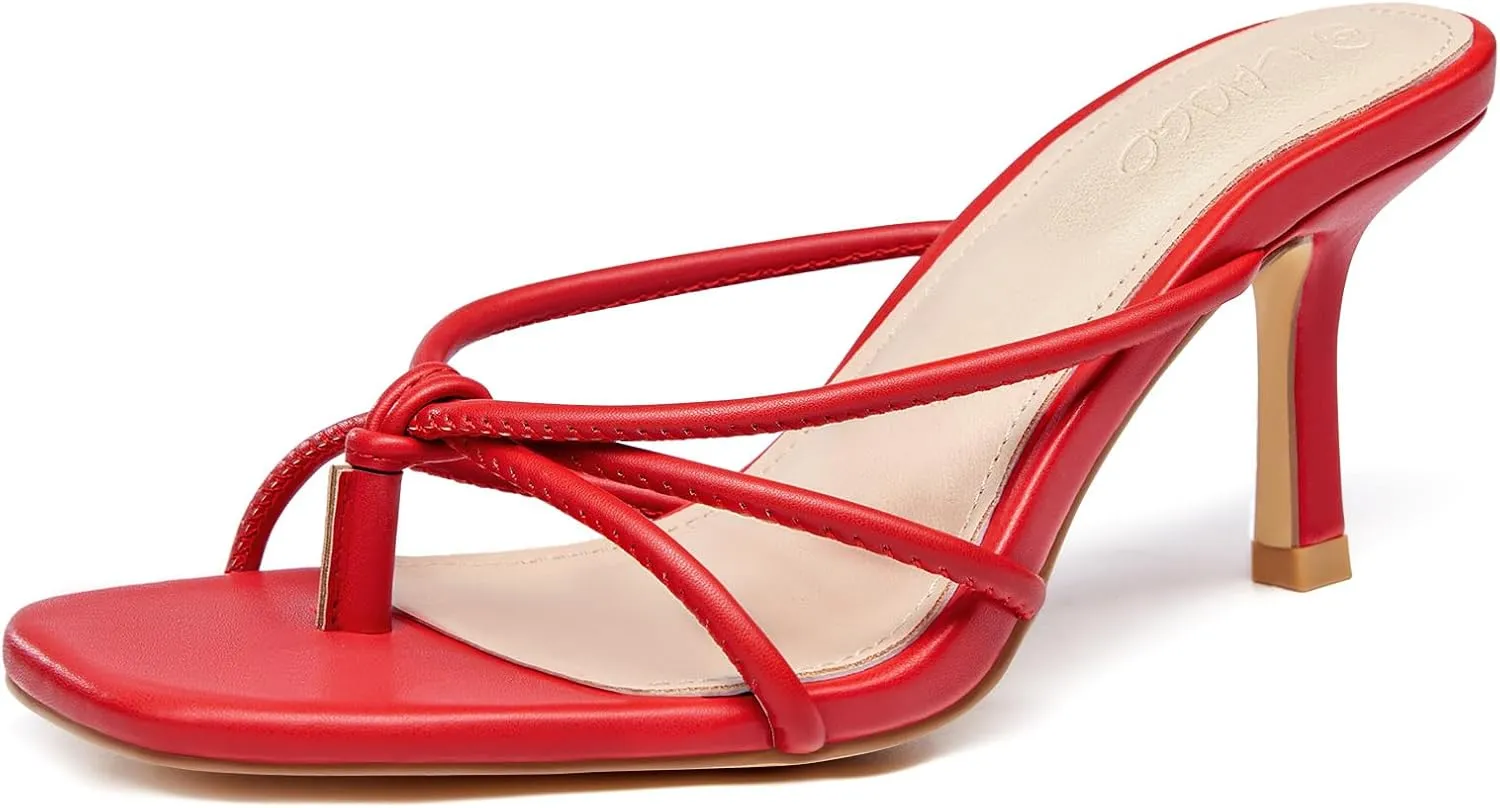 LAICIGO Women’s Square Open Toe Flip Flops Stiletto Heels Strappy Thong Slide on Slingback Mules Sandals