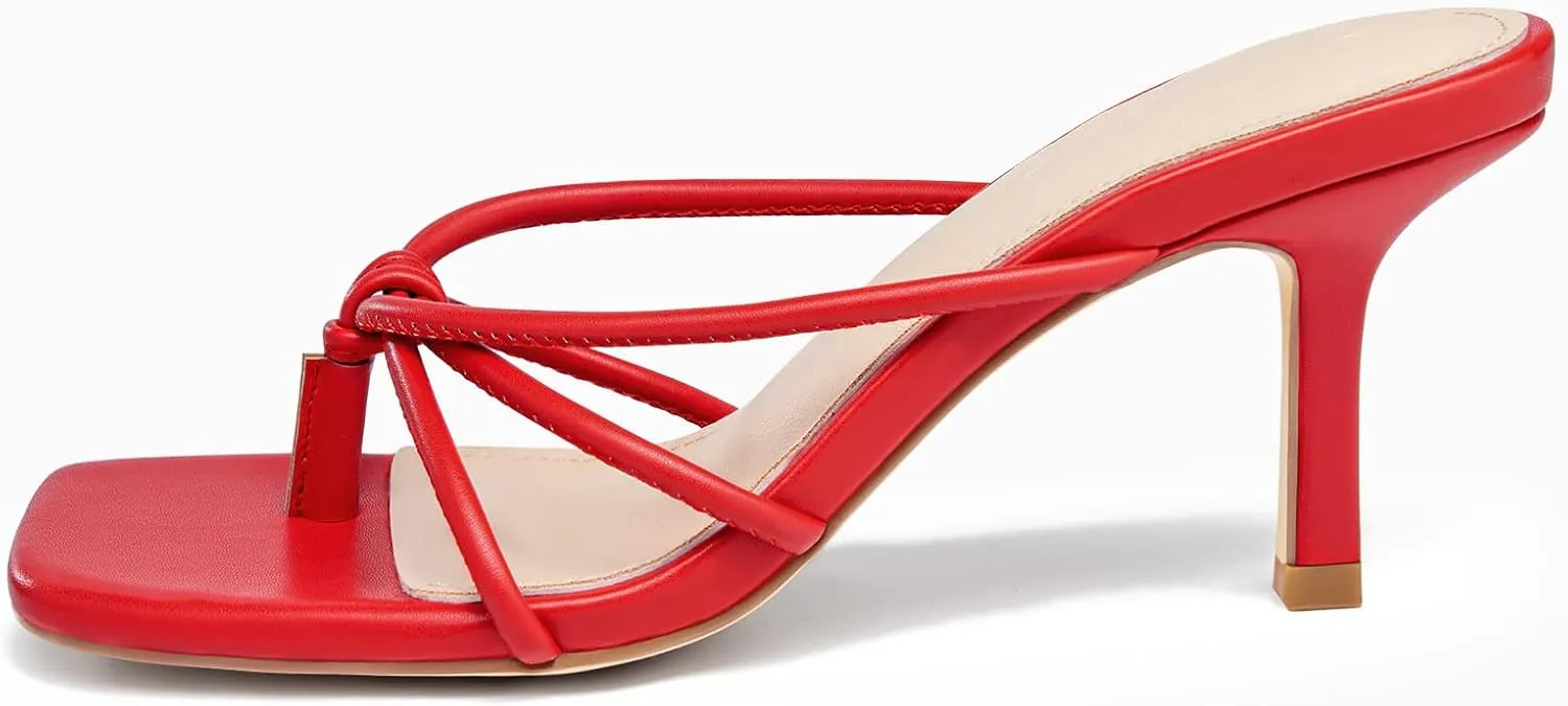 LAICIGO Women’s Square Open Toe Flip Flops Stiletto Heels Strappy Thong Slide on Slingback Mules Sandals