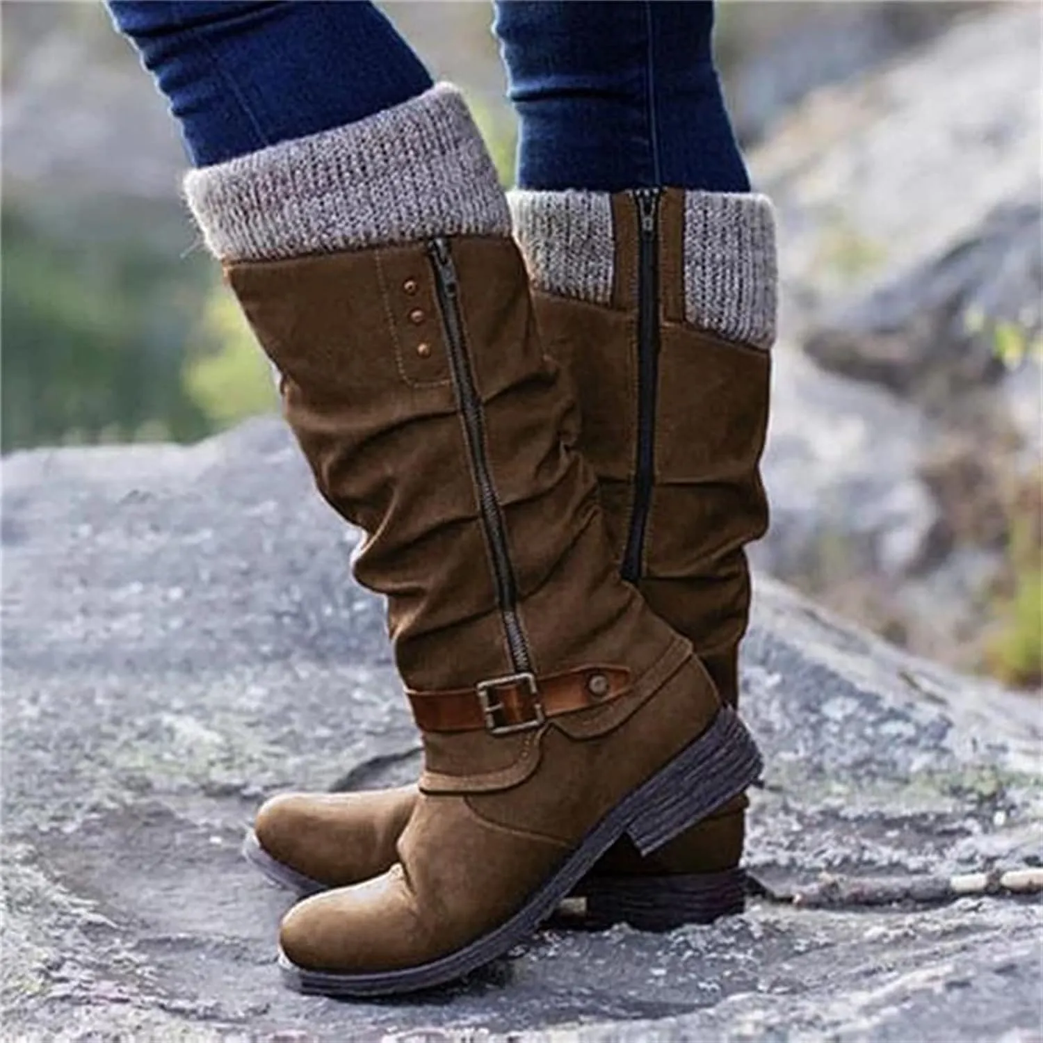 Lausiuoe Winter Boots For Women 2022 Trendy Mid Calf Side Zip Low Heel Western Platform Hiking Booties Warm Non Slip Outdoor Shoe