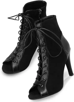 LinnOaks Heeled Sandals for Women Lace up Open Round Toe Stiletto High Heel Sandals Cutout Mesh Gladiator Booties Ladies Dance Heels Black Evening Party Dress Shoes