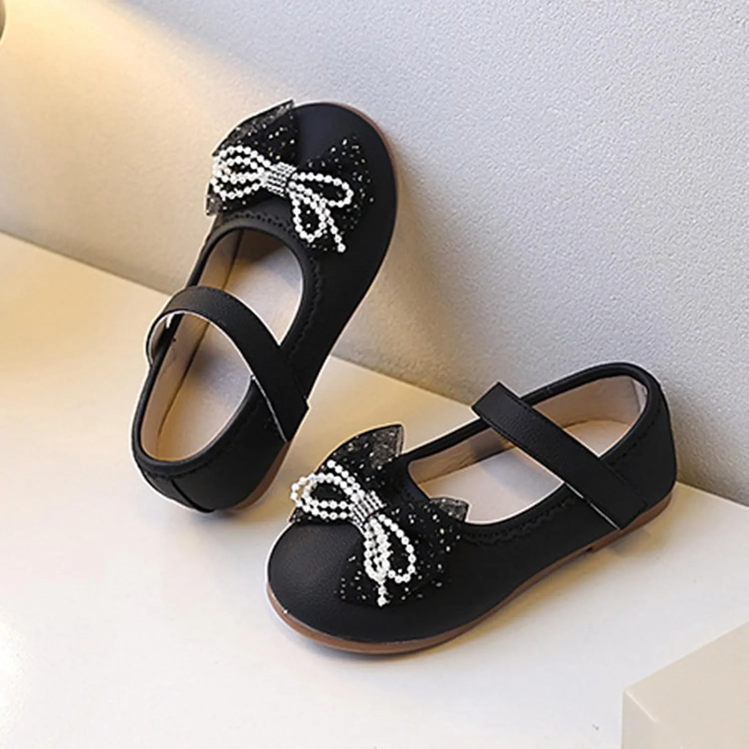 Litte Child's Bow Shoes with Adjustable Strap Comfy Flat Dress Shoes for Girl with Non Slip Rubber Sole Mary Jane Ballerina Shoe for Party,Birthday,Performance,Wedding Black Leather Shoe