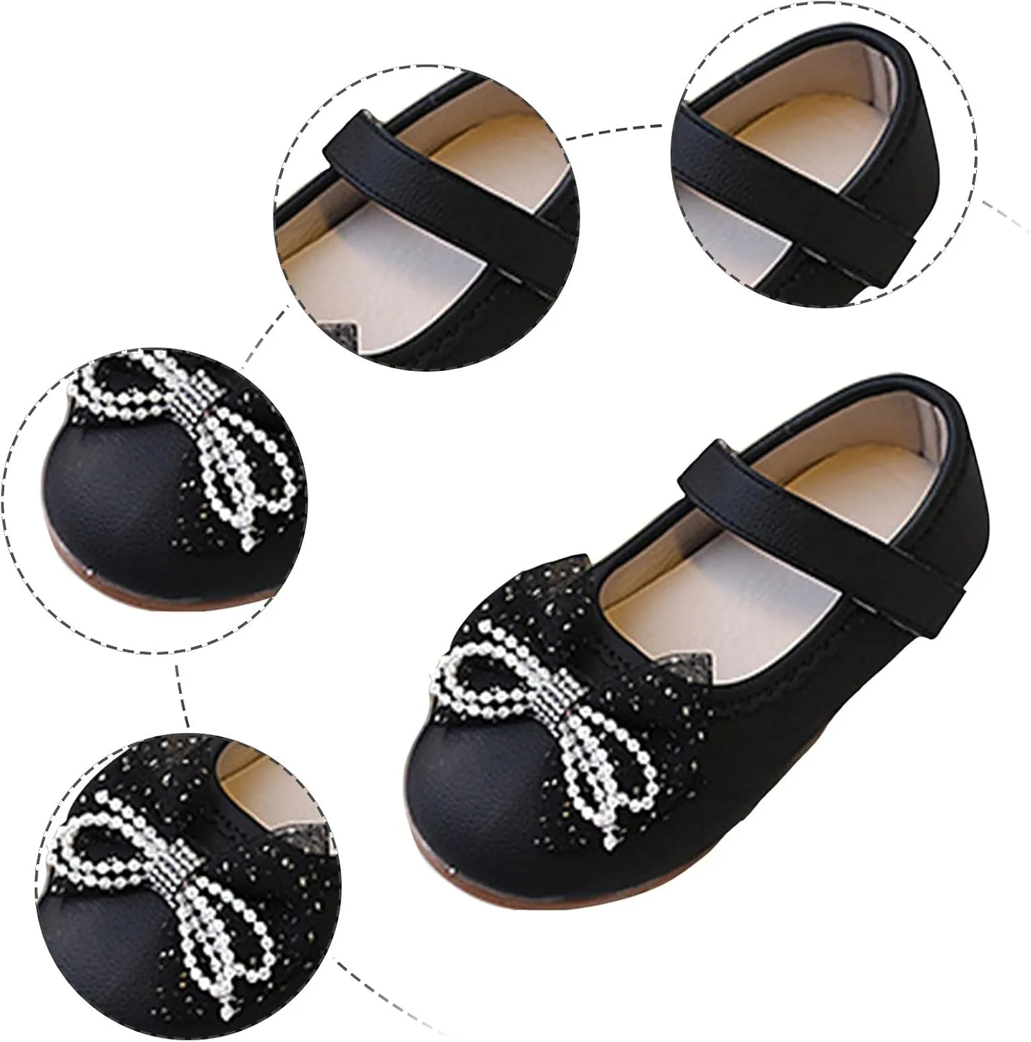 Litte Child's Bow Shoes with Adjustable Strap Comfy Flat Dress Shoes for Girl with Non Slip Rubber Sole Mary Jane Ballerina Shoe for Party,Birthday,Performance,Wedding Black Leather Shoe