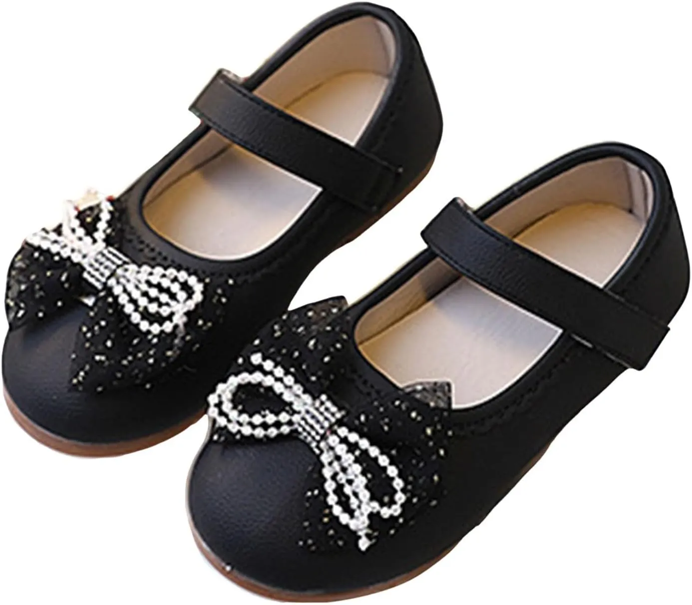 Litte Child's Bow Shoes with Adjustable Strap Comfy Flat Dress Shoes for Girl with Non Slip Rubber Sole Mary Jane Ballerina Shoe for Party,Birthday,Performance,Wedding Black Leather Shoe