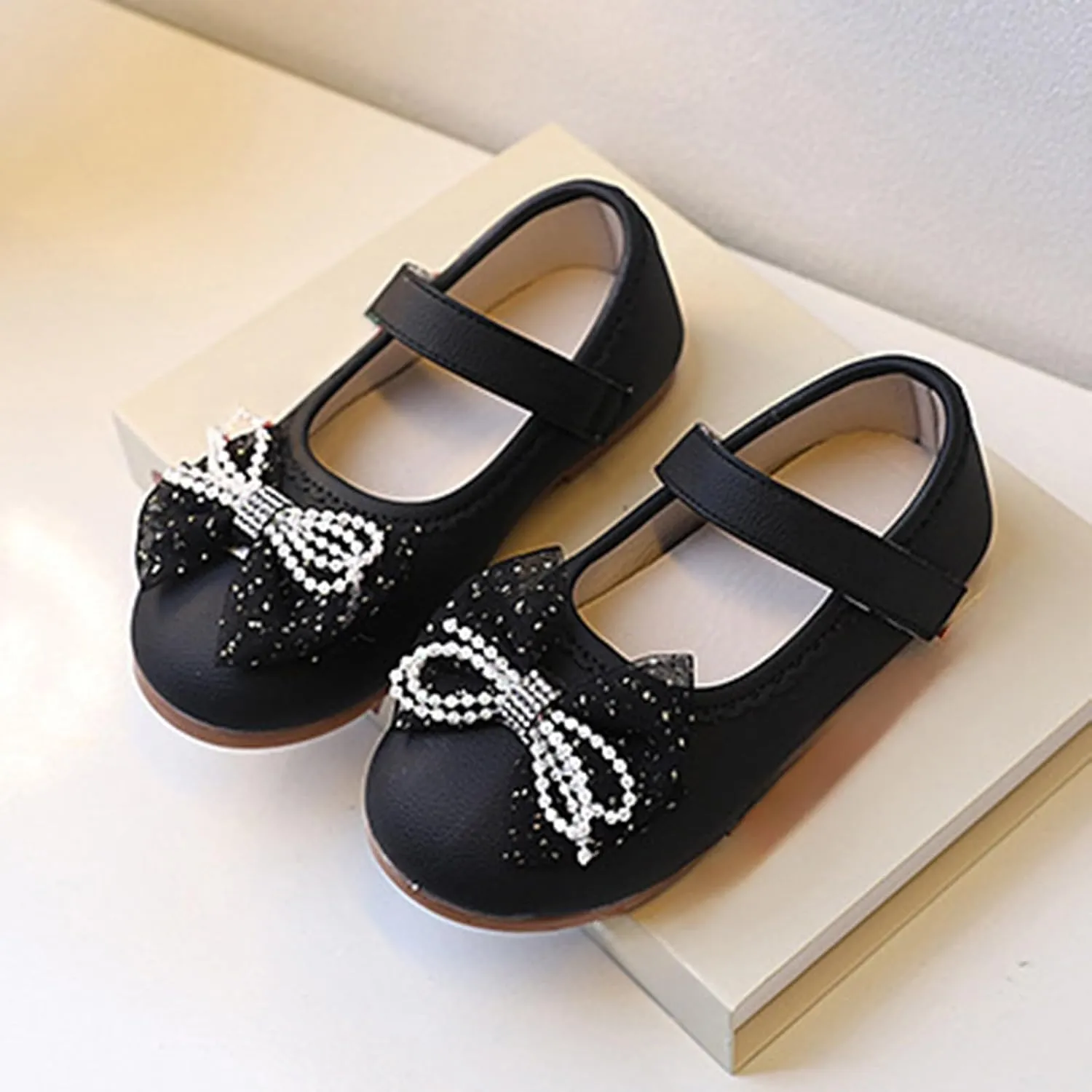 Litte Child's Bow Shoes with Adjustable Strap Comfy Flat Dress Shoes for Girl with Non Slip Rubber Sole Mary Jane Ballerina Shoe for Party,Birthday,Performance,Wedding Black Leather Shoe