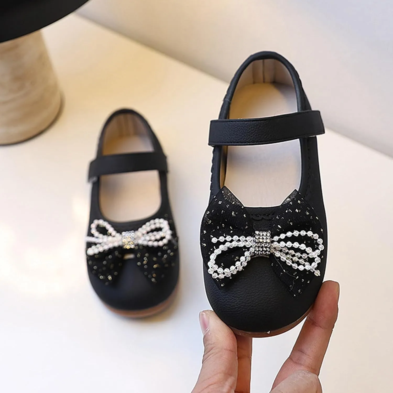 Litte Child's Bow Shoes with Adjustable Strap Comfy Flat Dress Shoes for Girl with Non Slip Rubber Sole Mary Jane Ballerina Shoe for Party,Birthday,Performance,Wedding Black Leather Shoe