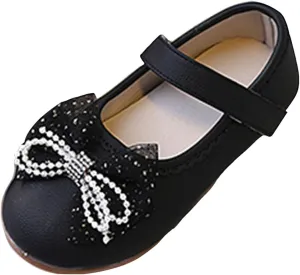 Litte Child's Bow Shoes with Adjustable Strap Comfy Flat Dress Shoes for Girl with Non Slip Rubber Sole Mary Jane Ballerina Shoe for Party,Birthday,Performance,Wedding Black Leather Shoe