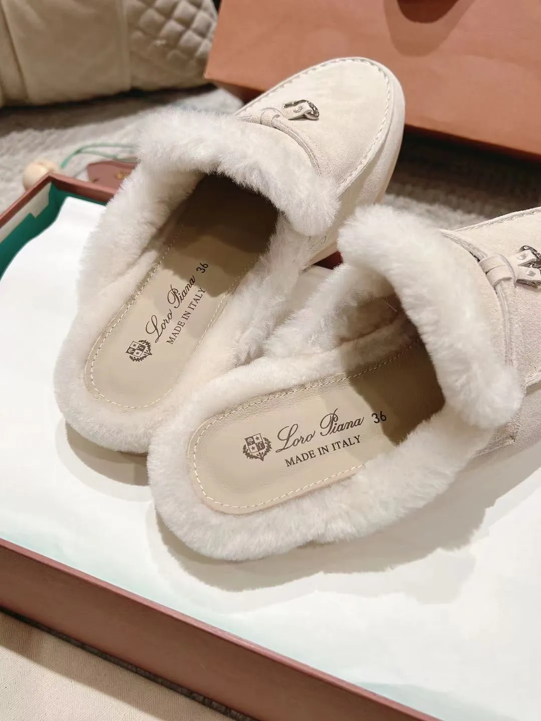LP Charms Walk Babouche Loafer White Suede With Rabbit Fur Lining 206231