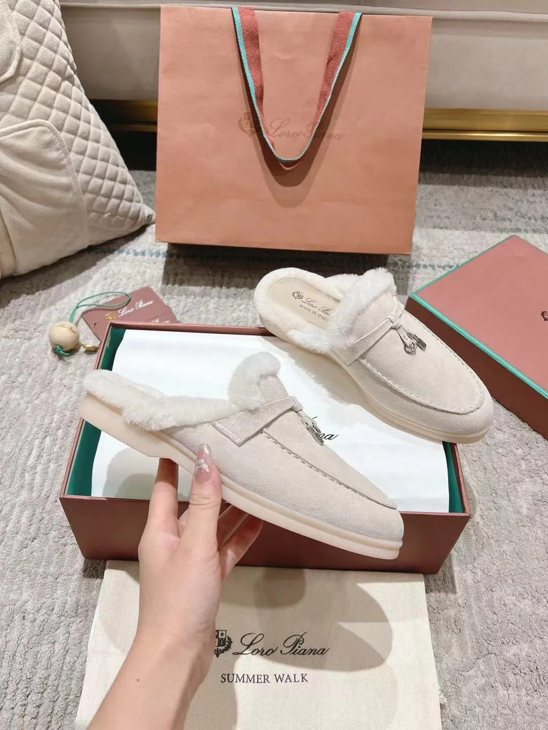 LP Charms Walk Babouche Loafer White Suede With Rabbit Fur Lining 206231