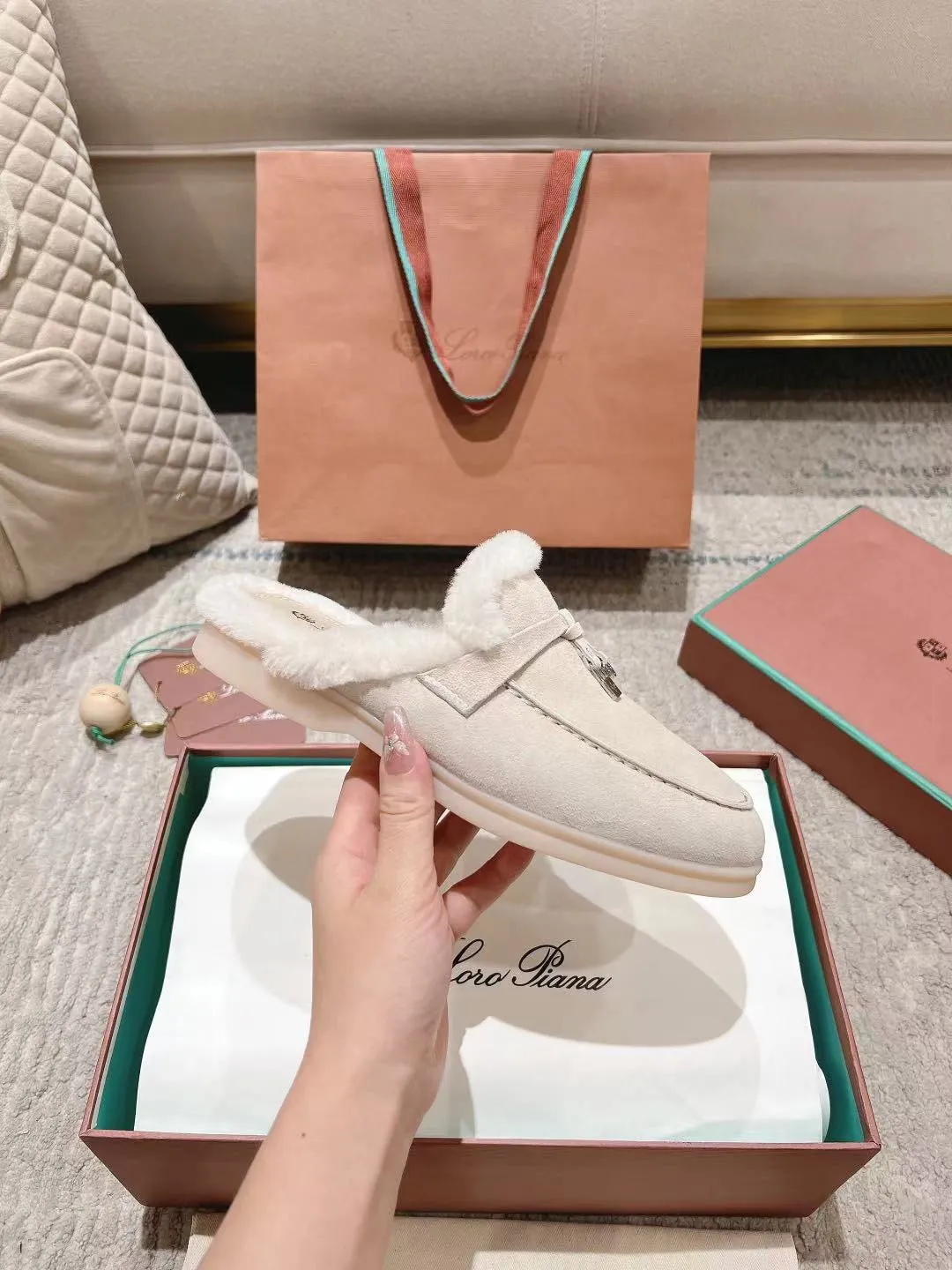 LP Charms Walk Babouche Loafer White Suede With Rabbit Fur Lining 206231