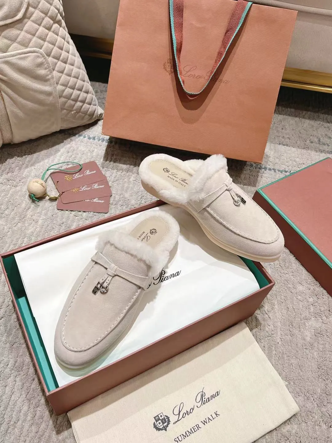 LP Charms Walk Babouche Loafer White Suede With Rabbit Fur Lining 206231