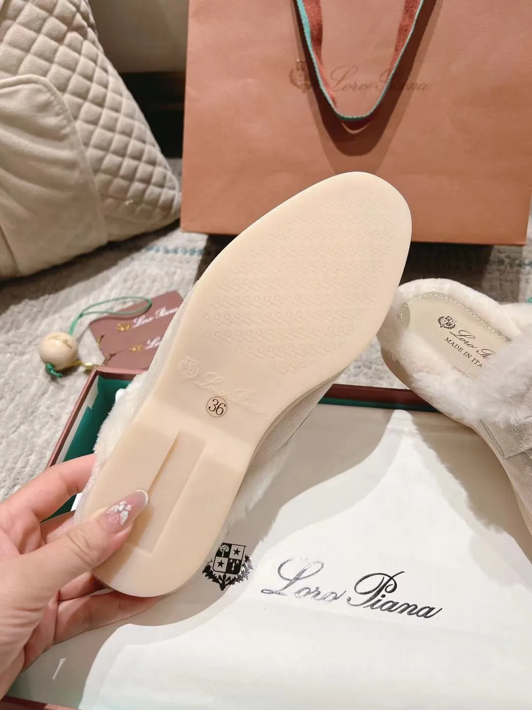 LP Charms Walk Babouche Loafer White Suede With Rabbit Fur Lining 206231