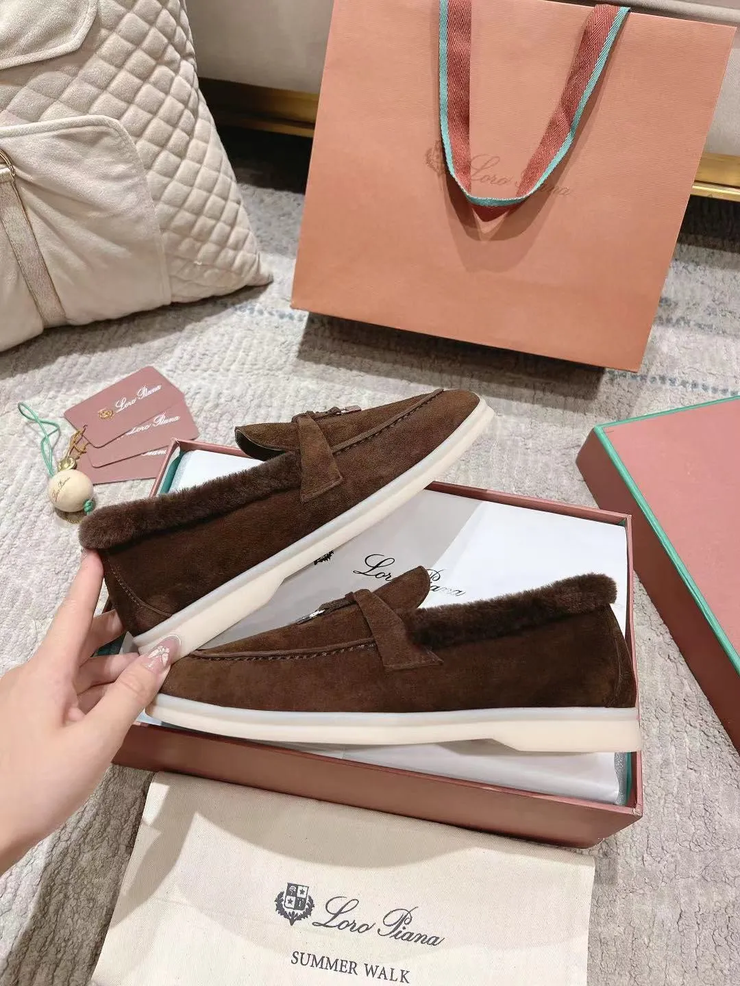 LP Summer Charms Walk Loafers Bottele Brown  Suede With Rabbit Fur Lining 206262