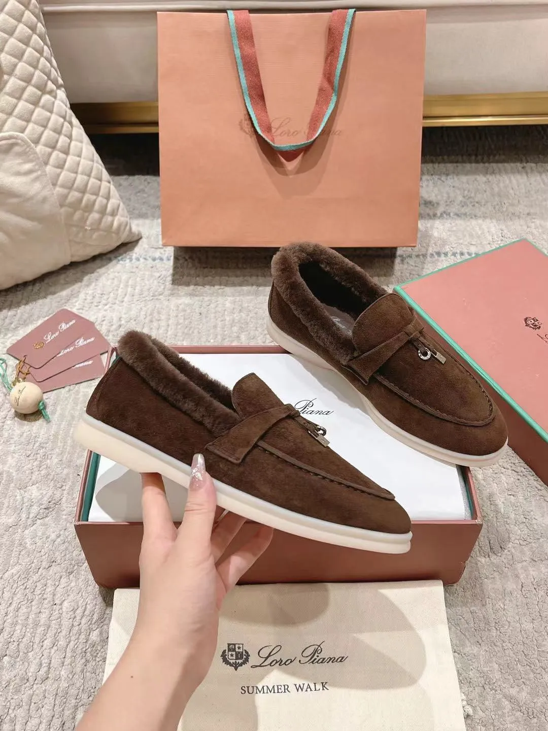 LP Summer Charms Walk Loafers Bottele Brown  Suede With Rabbit Fur Lining 206262