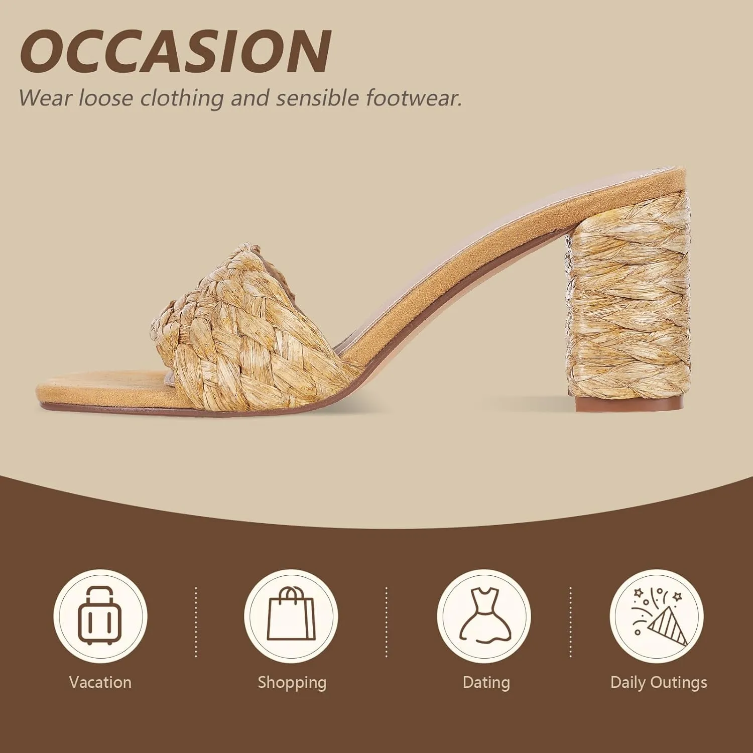 Lyrisiphy Women's Heeled Sandals Sqaure Open Toe Chunky High Heels Slip-on Slides Sandals Summer Outdoor Beach Espardrills for Women