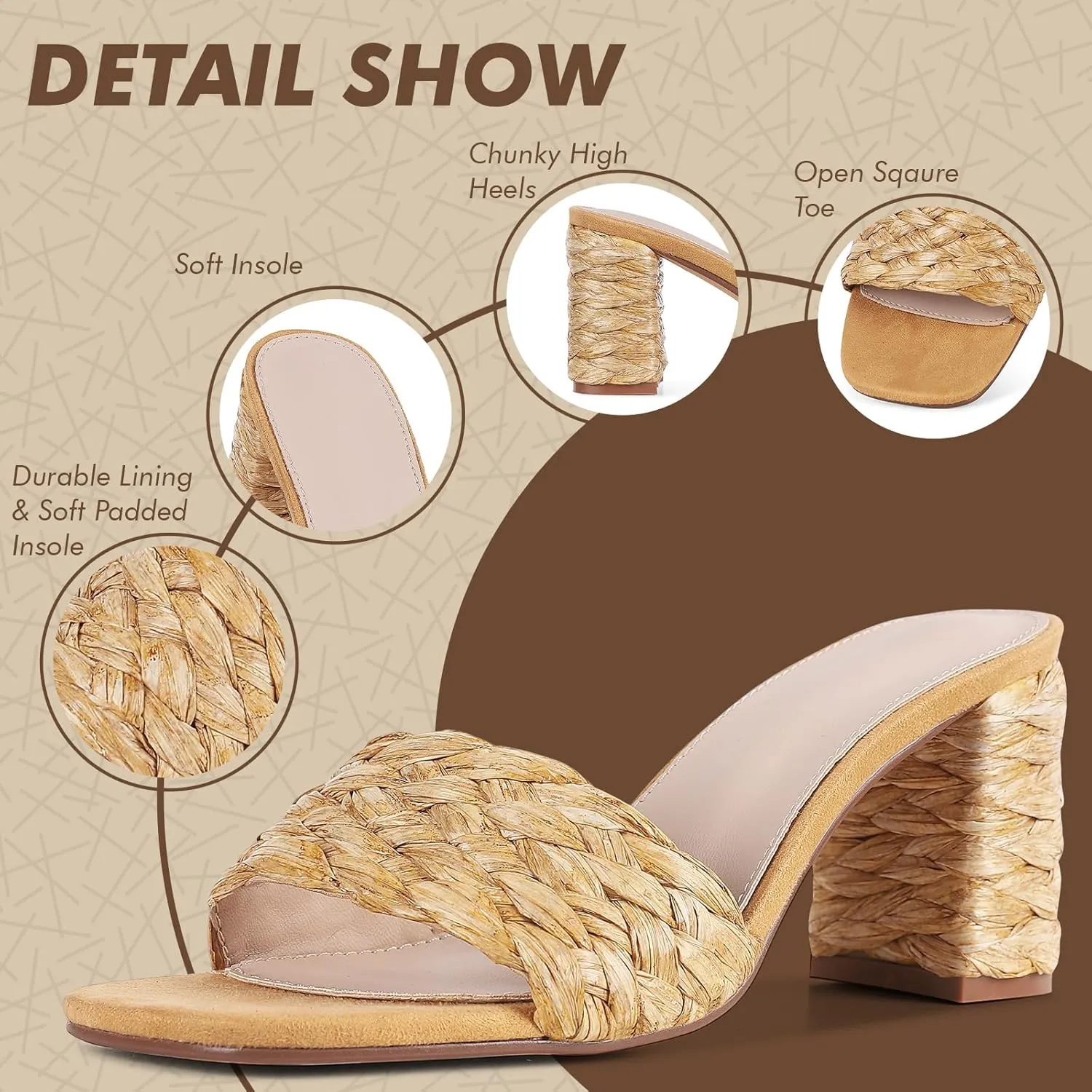 Lyrisiphy Women's Heeled Sandals Sqaure Open Toe Chunky High Heels Slip-on Slides Sandals Summer Outdoor Beach Espardrills for Women