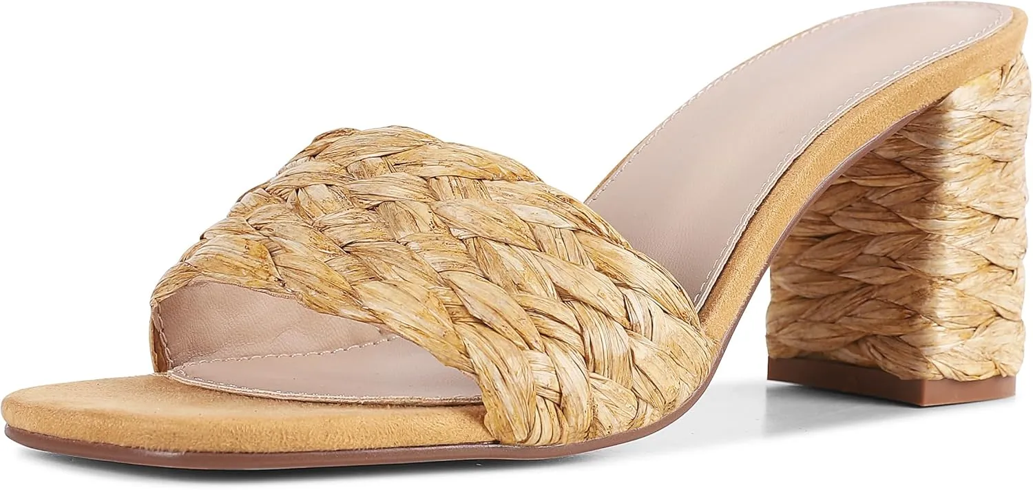 Lyrisiphy Women's Heeled Sandals Sqaure Open Toe Chunky High Heels Slip-on Slides Sandals Summer Outdoor Beach Espardrills for Women