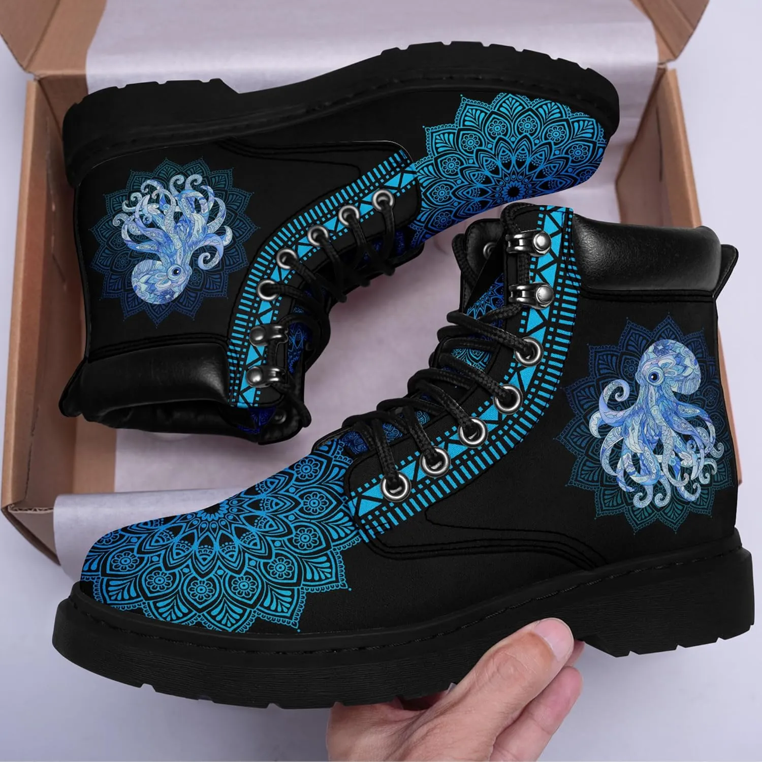 Mandala Combat Boots for Men and Women with Floral, Sun and Moon Designs – Durable Boho Ankle Boots for Hiking,Casual Wear