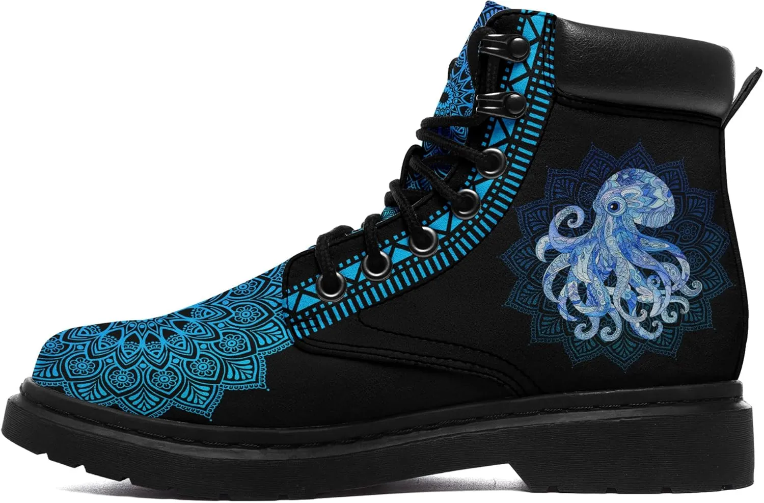 Mandala Combat Boots for Men and Women with Floral, Sun and Moon Designs – Durable Boho Ankle Boots for Hiking,Casual Wear