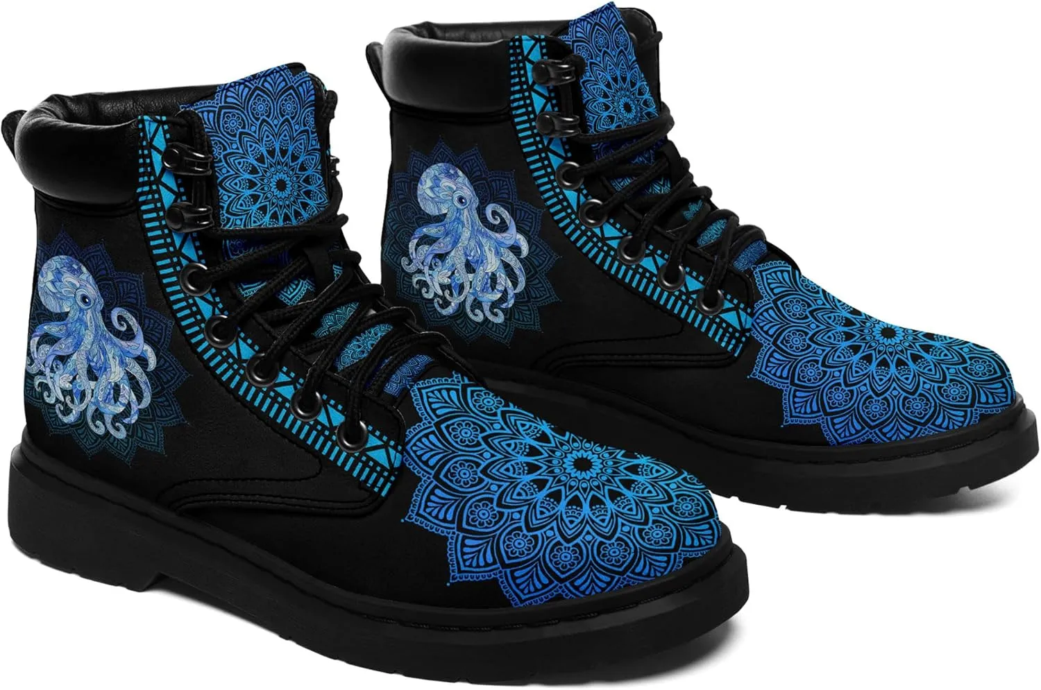 Mandala Combat Boots for Men and Women with Floral, Sun and Moon Designs – Durable Boho Ankle Boots for Hiking,Casual Wear