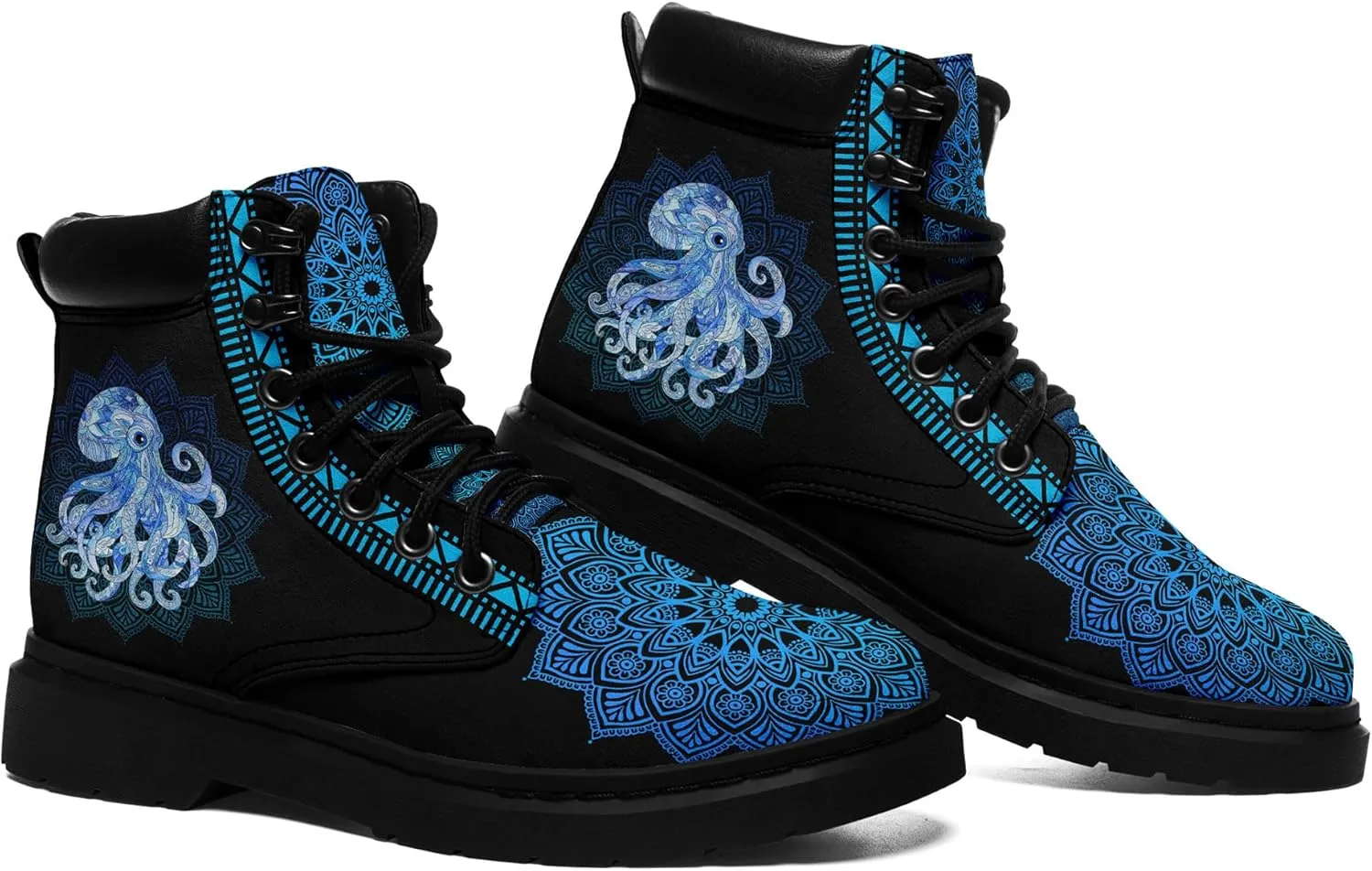 Mandala Combat Boots for Men and Women with Floral, Sun and Moon Designs – Durable Boho Ankle Boots for Hiking,Casual Wear