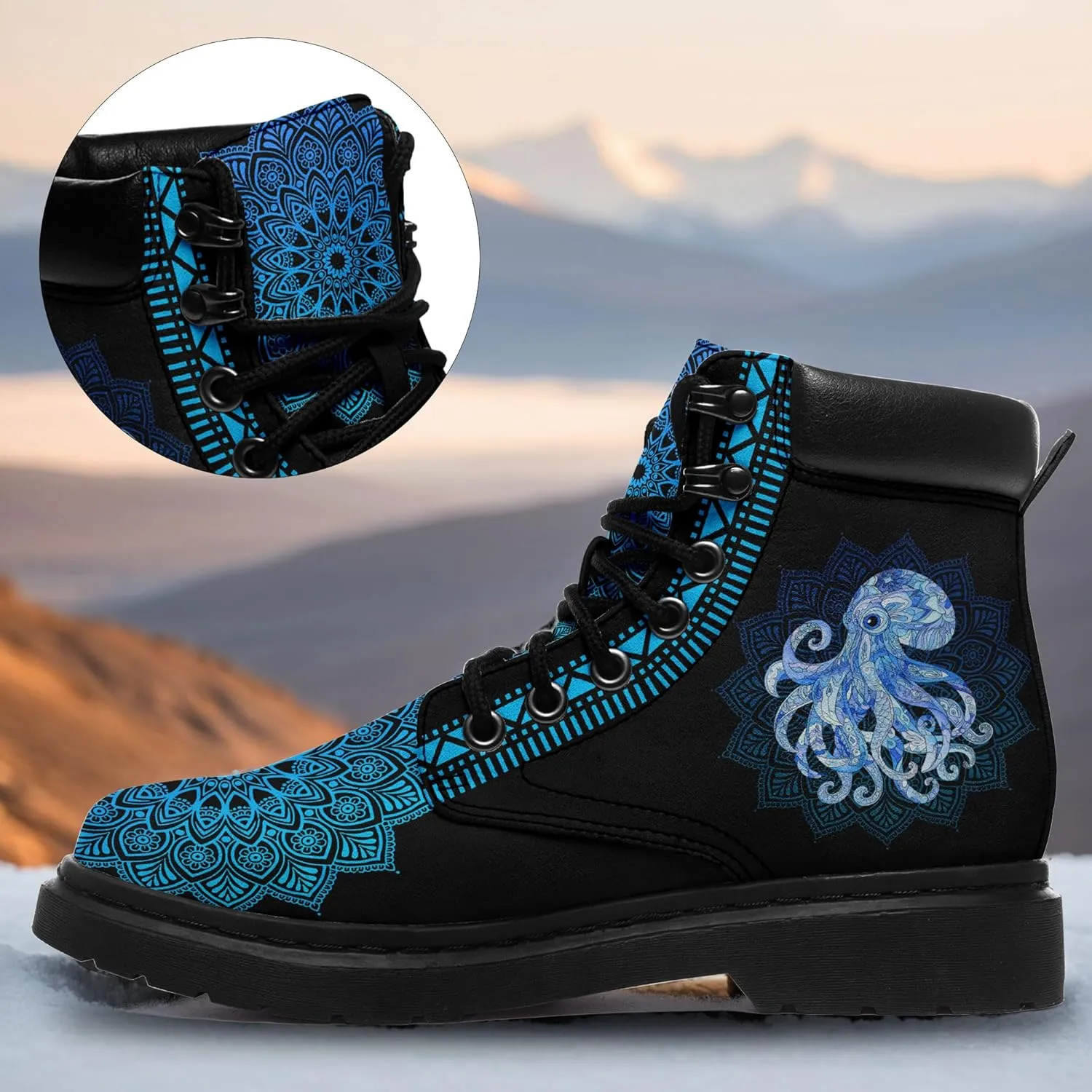 Mandala Combat Boots for Men and Women with Floral, Sun and Moon Designs – Durable Boho Ankle Boots for Hiking,Casual Wear