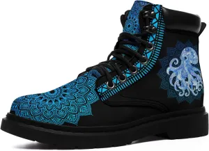 Mandala Combat Boots for Men and Women with Floral, Sun and Moon Designs – Durable Boho Ankle Boots for Hiking,Casual Wear