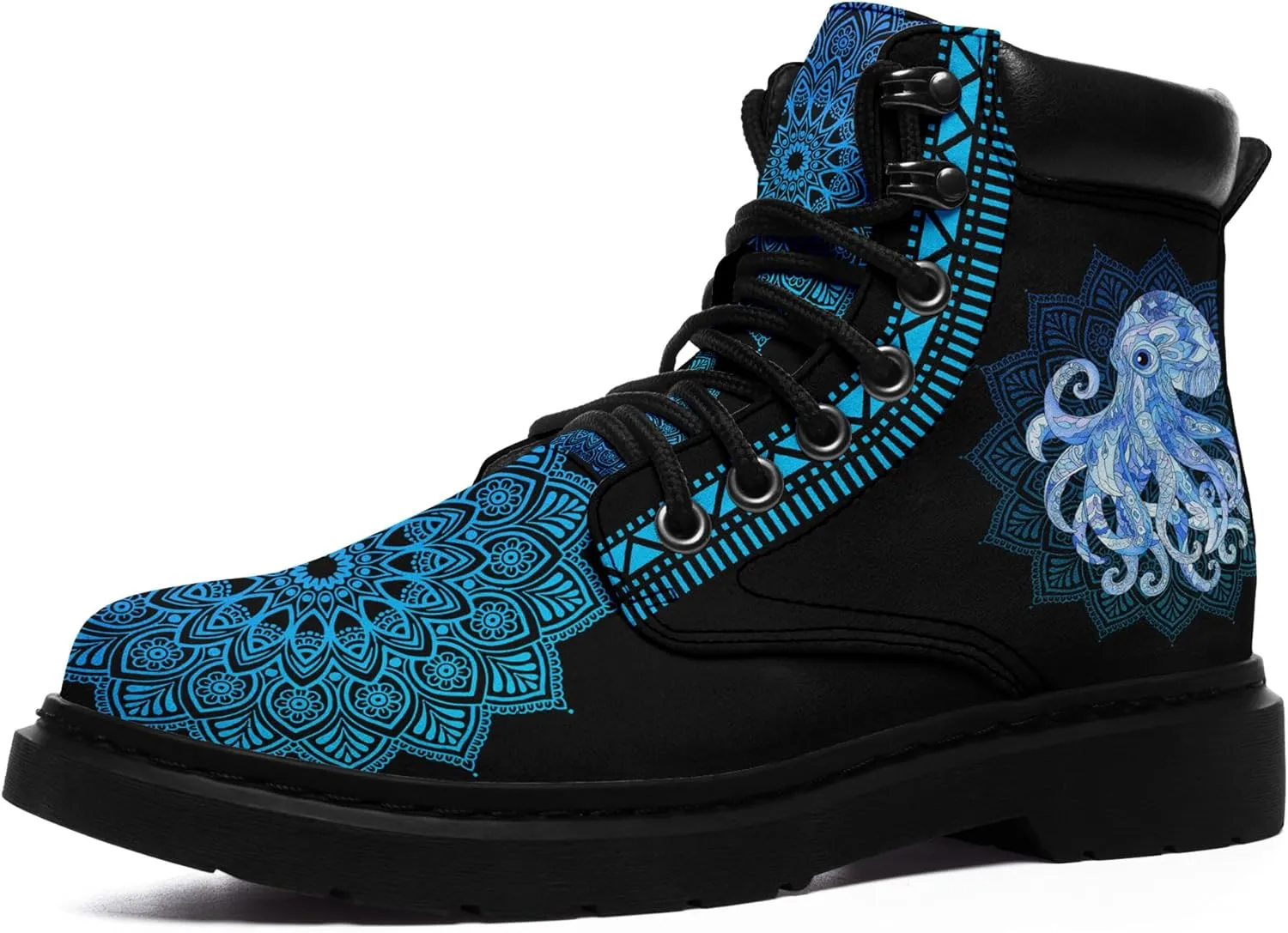 Mandala Combat Boots for Men and Women with Floral, Sun and Moon Designs – Durable Boho Ankle Boots for Hiking,Casual Wear