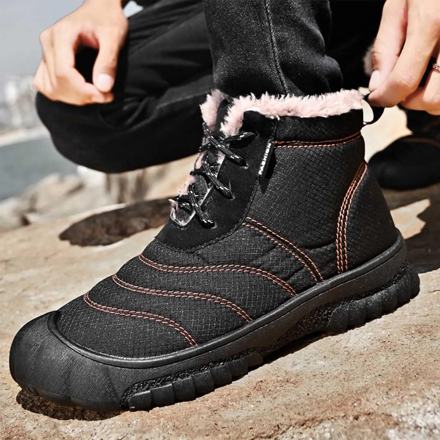 MEBAMY Men's Snow Boots Lightweight Black Hiking Winter Boots Fur Lined Anti-slip Cold Weather Shoes Furry Outdoor Snow Boot