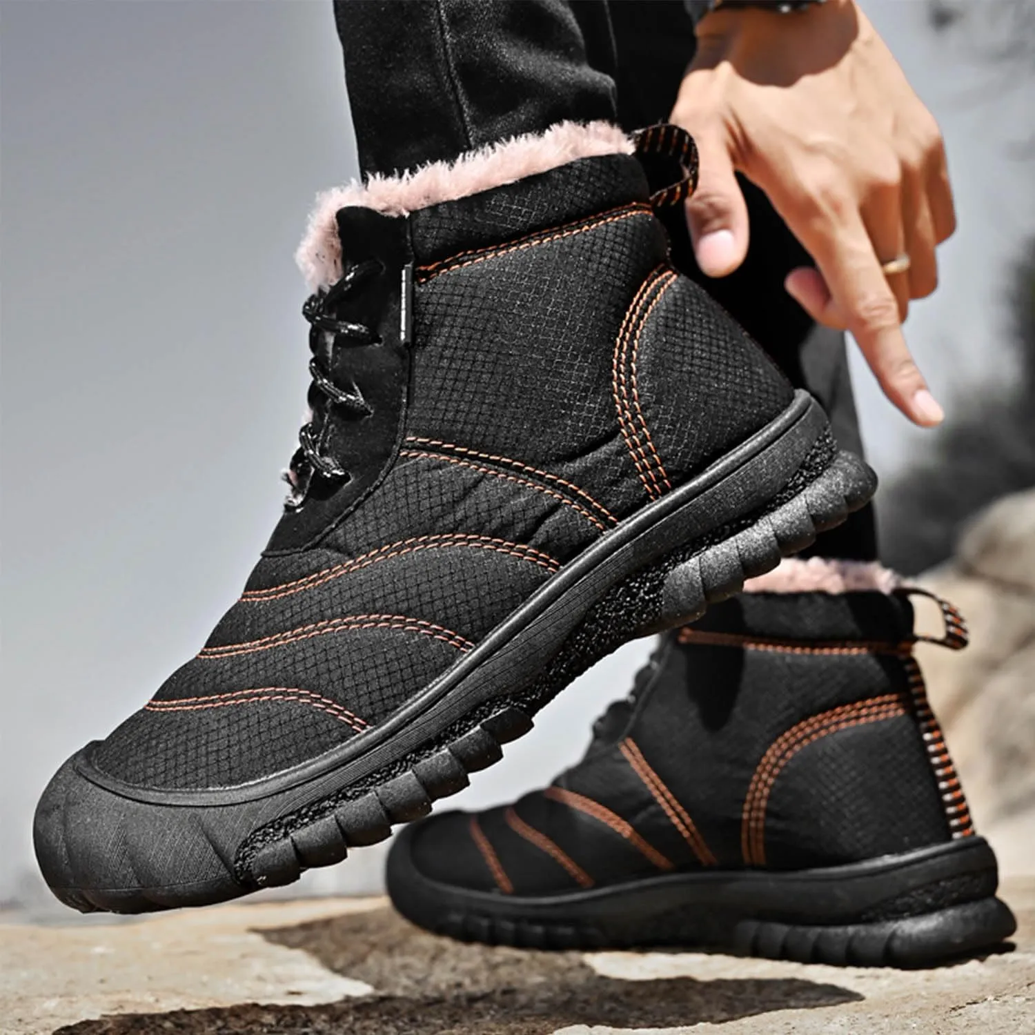 MEBAMY Men's Snow Boots Lightweight Black Hiking Winter Boots Fur Lined Anti-slip Cold Weather Shoes Furry Outdoor Snow Boot