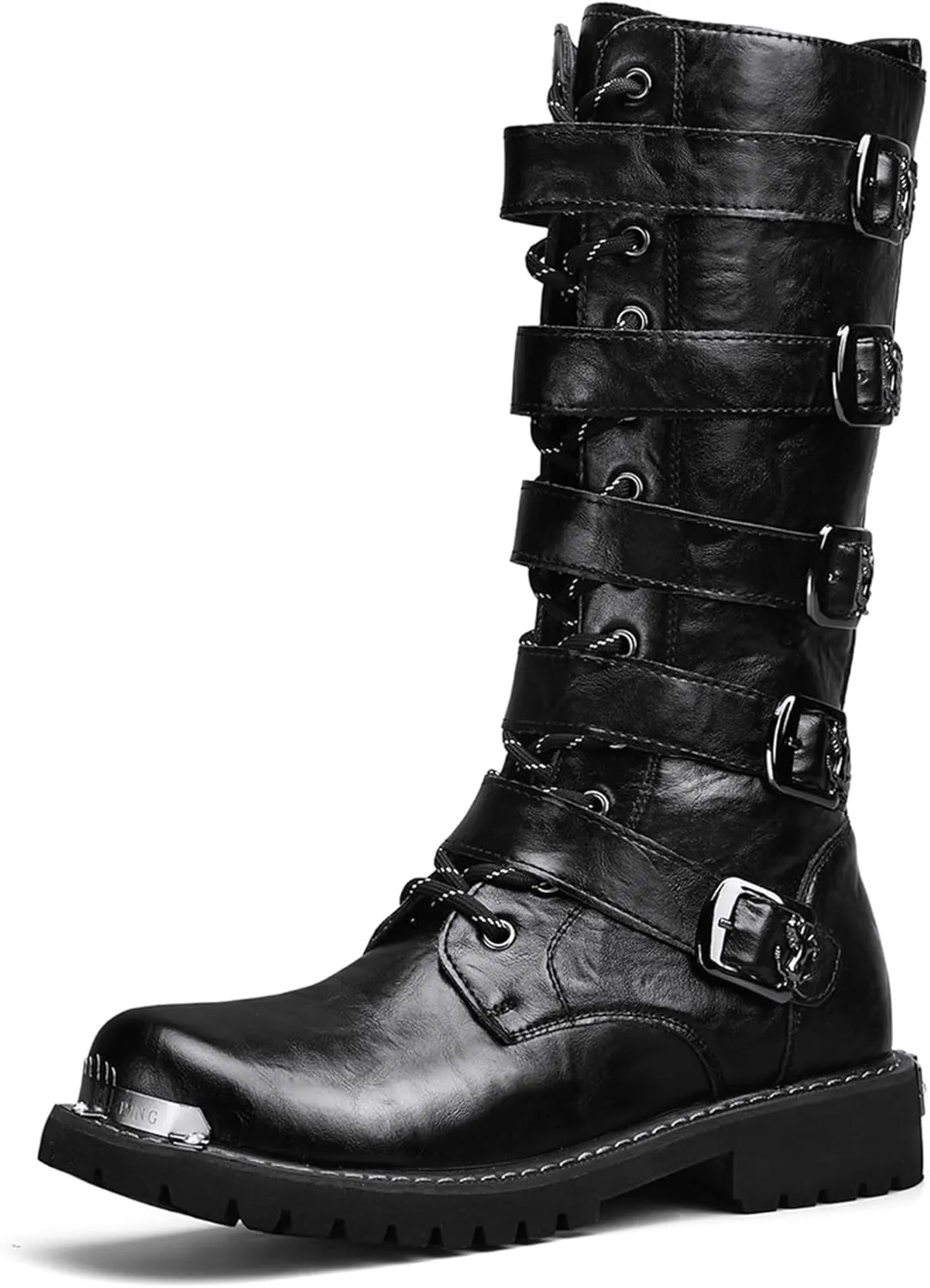 Mens Black Cool Style Eye Catching Buckle Closure High Top Leather Motorcycle Boots Waterproof Non Slip Wear Resistant Durable Stitching Shoes Body Lightweight And Soft Shoes