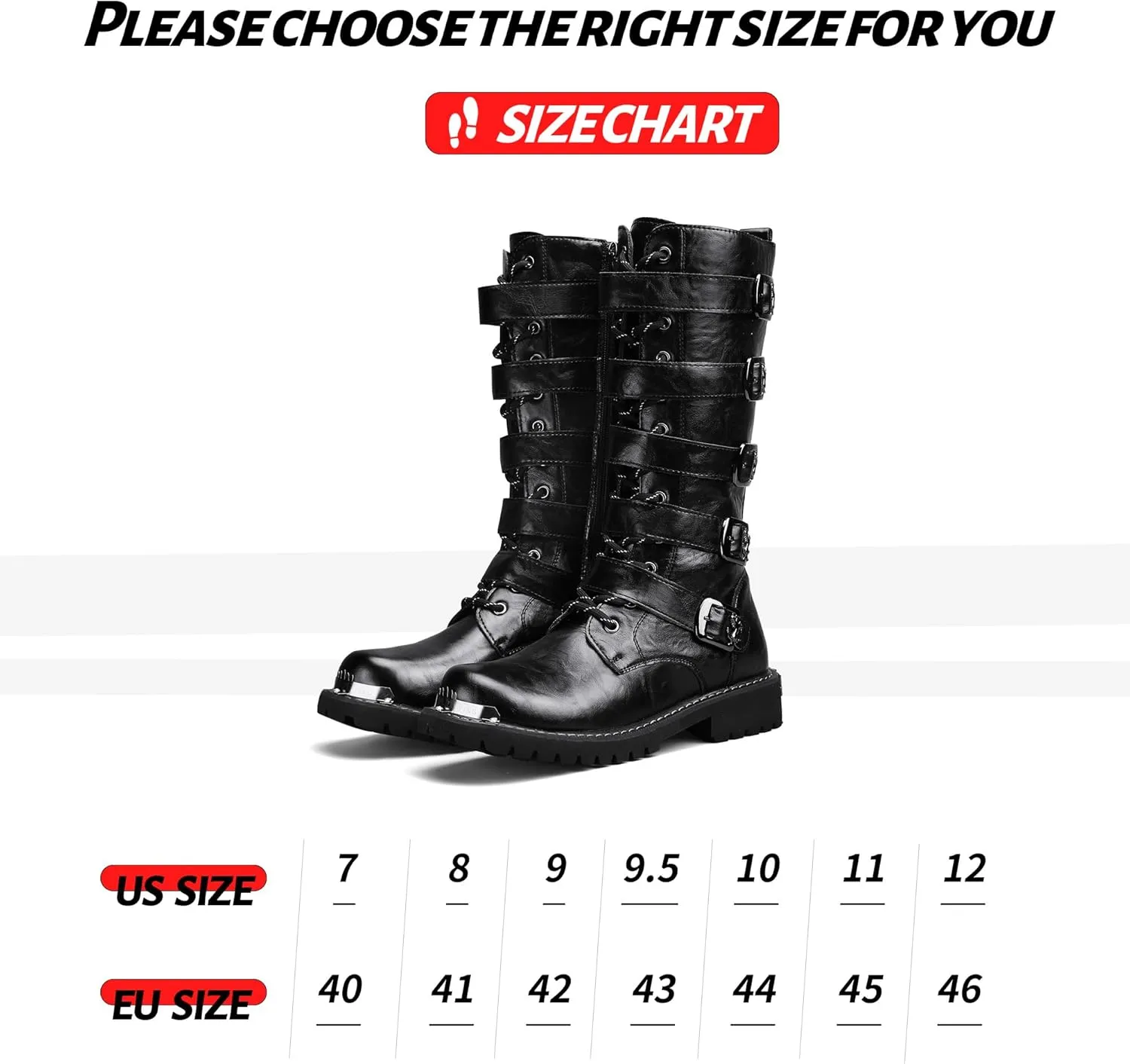 Mens Black Cool Style Eye Catching Buckle Closure High Top Leather Motorcycle Boots Waterproof Non Slip Wear Resistant Durable Stitching Shoes Body Lightweight And Soft Shoes