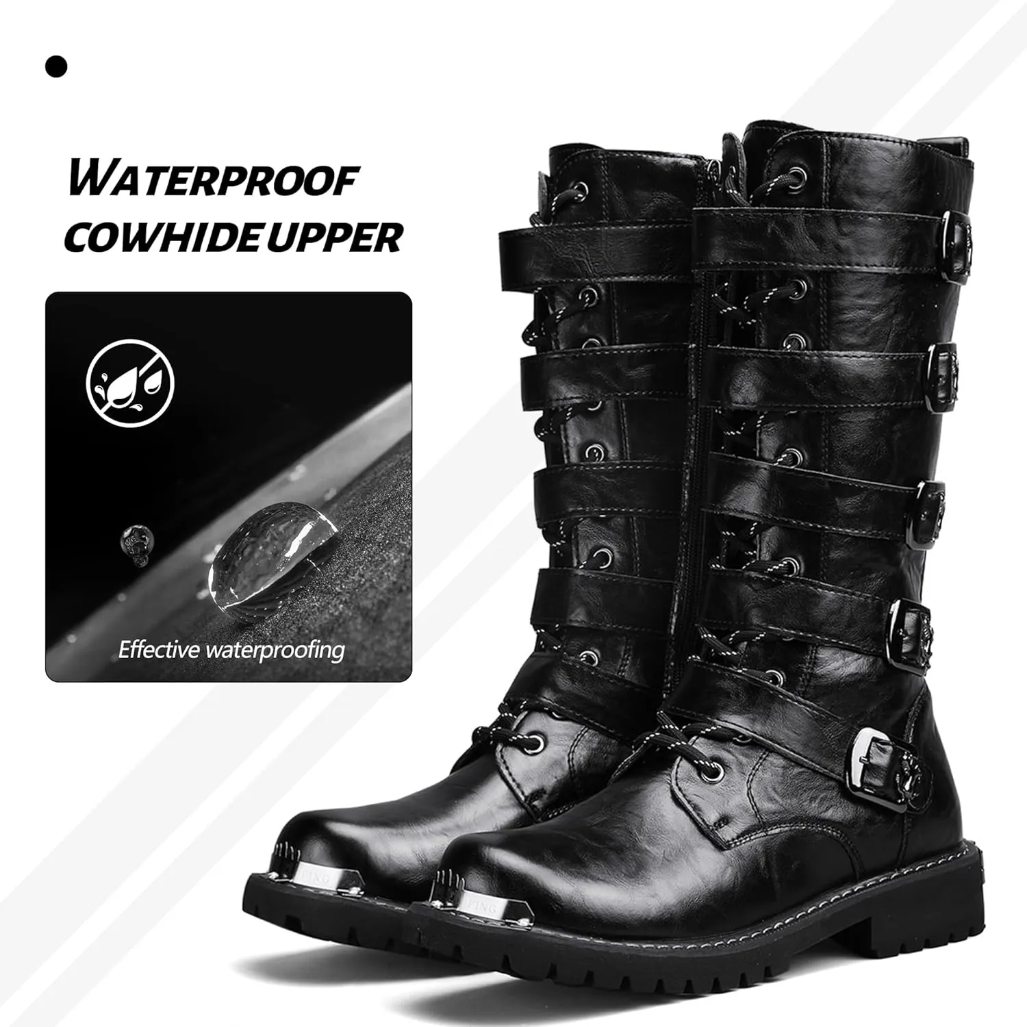 Mens Black Cool Style Eye Catching Buckle Closure High Top Leather Motorcycle Boots Waterproof Non Slip Wear Resistant Durable Stitching Shoes Body Lightweight And Soft Shoes