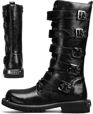 Mens Black Cool Style Eye Catching Buckle Closure High Top Leather Motorcycle Boots Waterproof Non Slip Wear Resistant Durable Stitching Shoes Body Lightweight And Soft Shoes