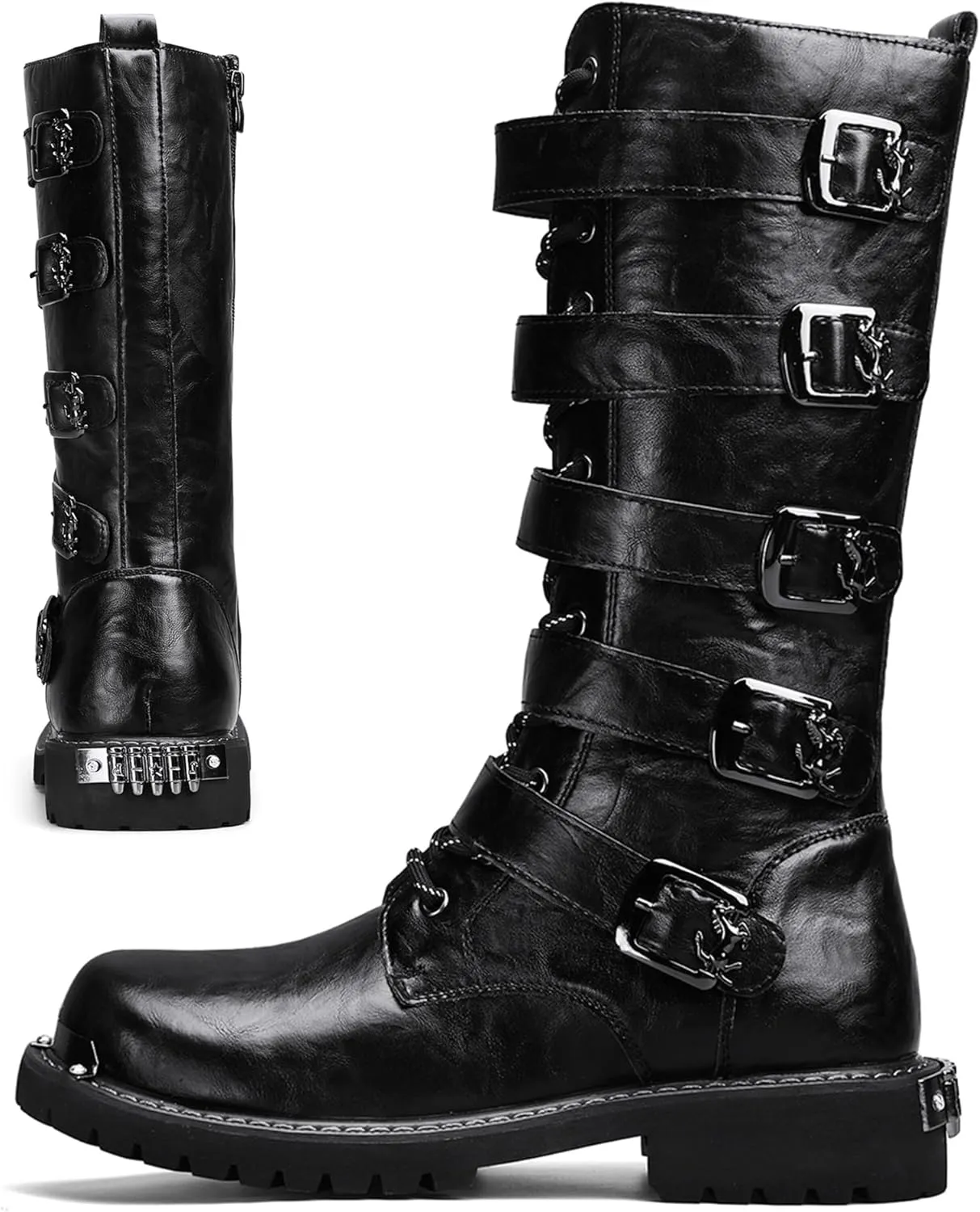 Mens Black Cool Style Eye Catching Buckle Closure High Top Leather Motorcycle Boots Waterproof Non Slip Wear Resistant Durable Stitching Shoes Body Lightweight And Soft Shoes