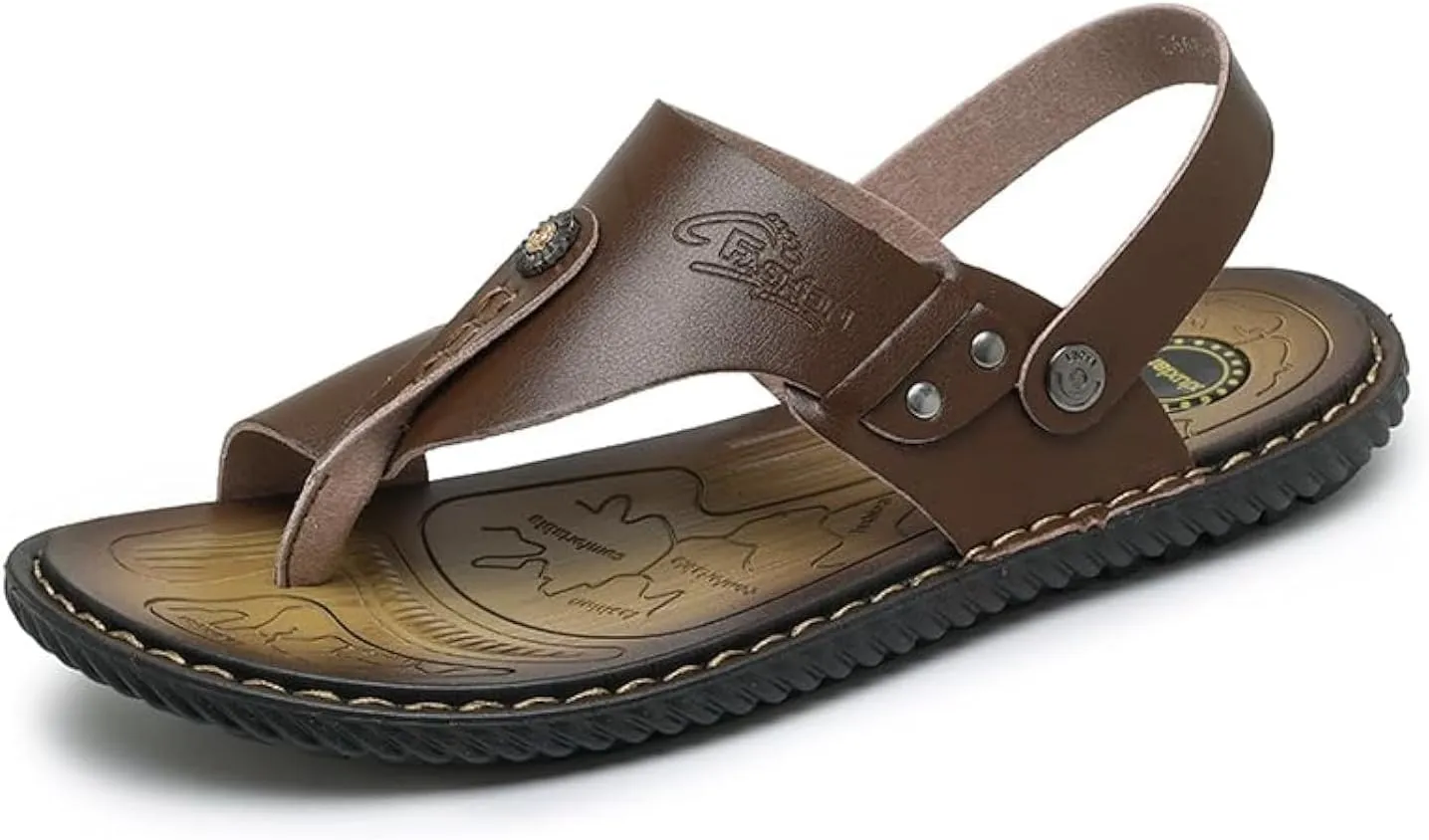 Mens Casual Outdoor Sandals Flip Flops Thong Leather Slip On Two uses Toe Ring Beach Shoes