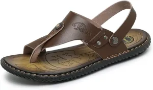 Mens Casual Outdoor Sandals Flip Flops Thong Leather Slip On Two uses Toe Ring Beach Shoes