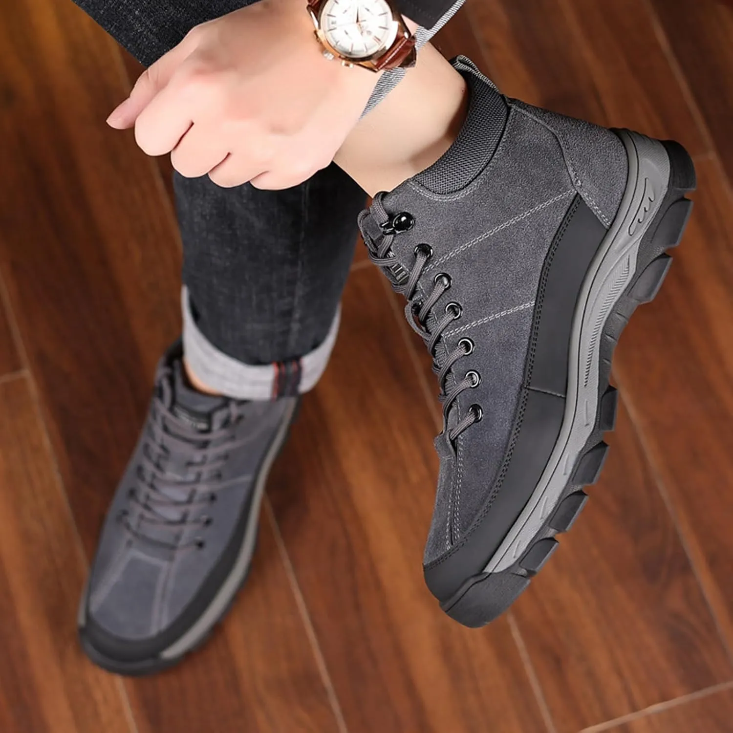 Men's Genuine Leather Lace-up Hiking Boots Fashion Suede Waterproof Plus Velvet Warm Snow Boots Outdoor Casual Non-Slip Slip-on Chukka Boots