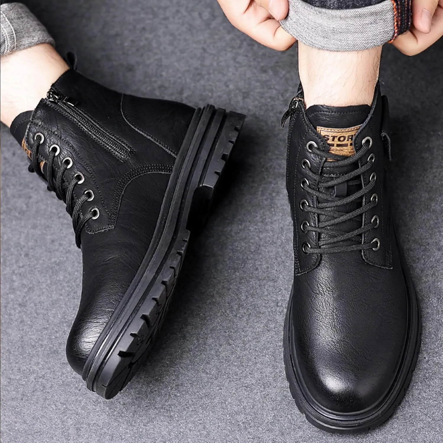 Men's Leather High Top Motorcycle Combat Boots Fashion Casual Winter Fleece-Lined Outdoor Hiking Sneaker Booties Round Toe Lace Up Side Zipper Retro Comfortable Chukka Boots