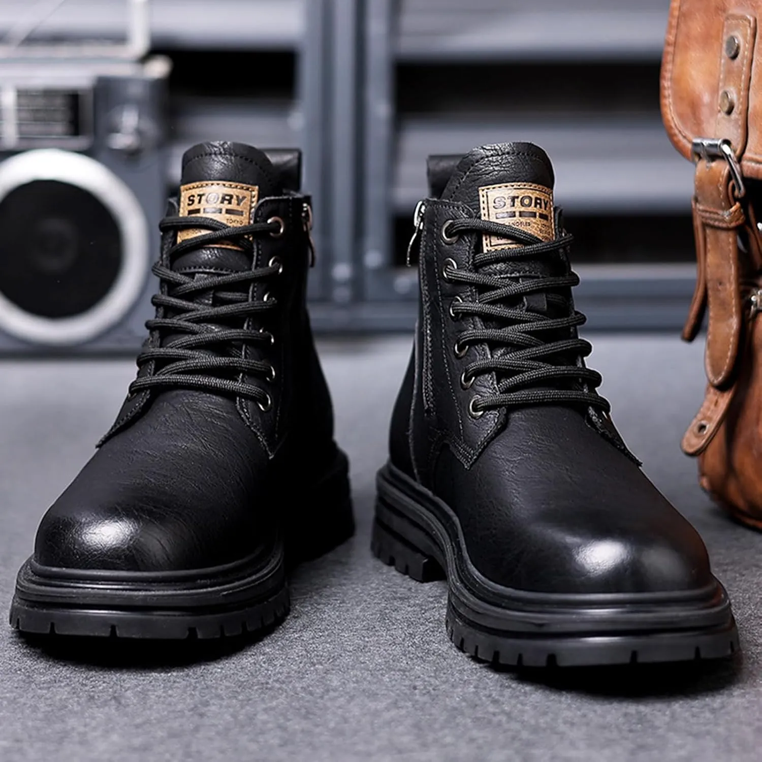 Men's Leather High Top Motorcycle Combat Boots Fashion Casual Winter Fleece-Lined Outdoor Hiking Sneaker Booties Round Toe Lace Up Side Zipper Retro Comfortable Chukka Boots