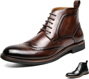 Men's Leather Wingtip Carving Lace Up Chelsea Dress Boots Fashion British Style Pointed Toe Brogue Oxford Boots Casual Business Formal Boots
